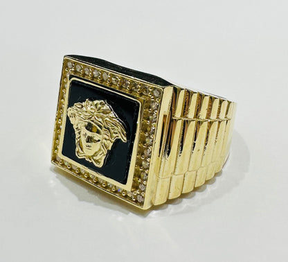 10K GOLD MEDUSA HEAD RING WITH WHITE SAPPHIRE- WEIGHT: 10.5gm
