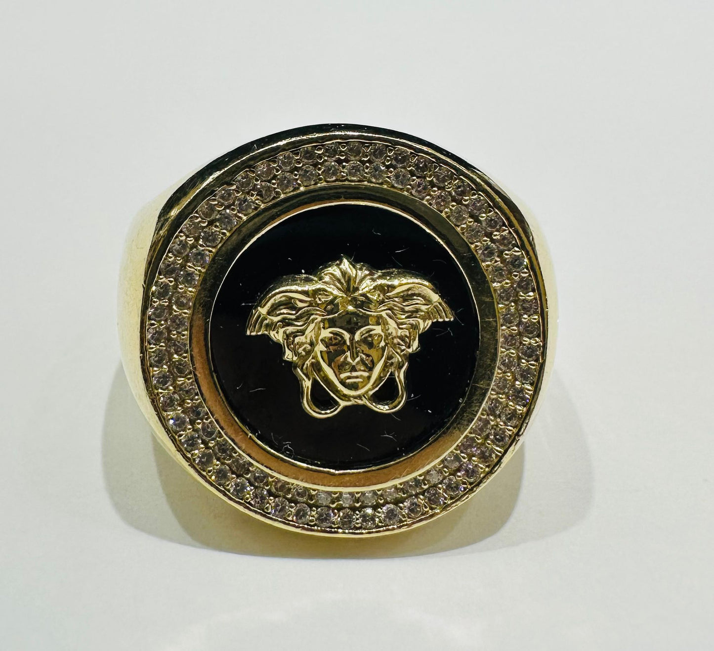 10K GOLD MEDUSA HEAD RING WITH WHITE SAPPHIRE- WEIGHT: 9.5gm