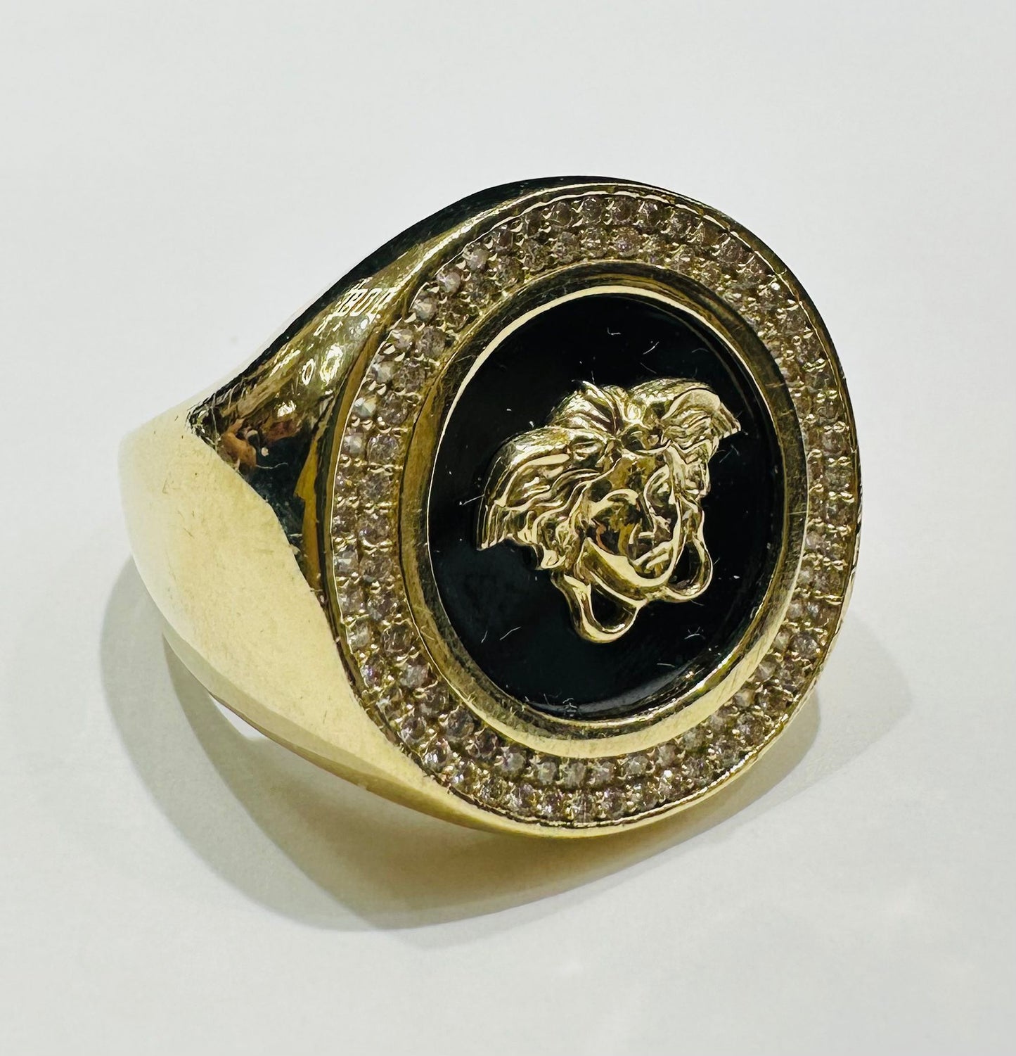 10K GOLD MEDUSA HEAD RING WITH WHITE SAPPHIRE- WEIGHT: 9.5gm