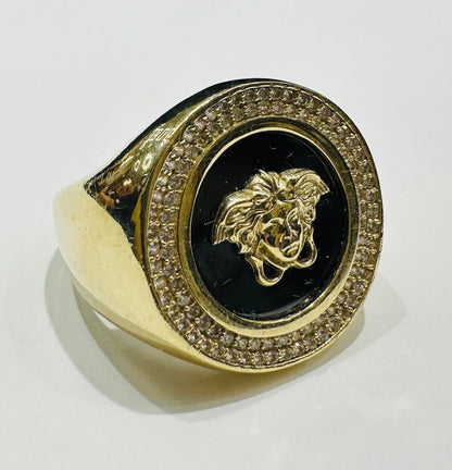 10K GOLD MEDUSA HEAD RING WITH WHITE SAPPHIRE- WEIGHT: 9.5gm