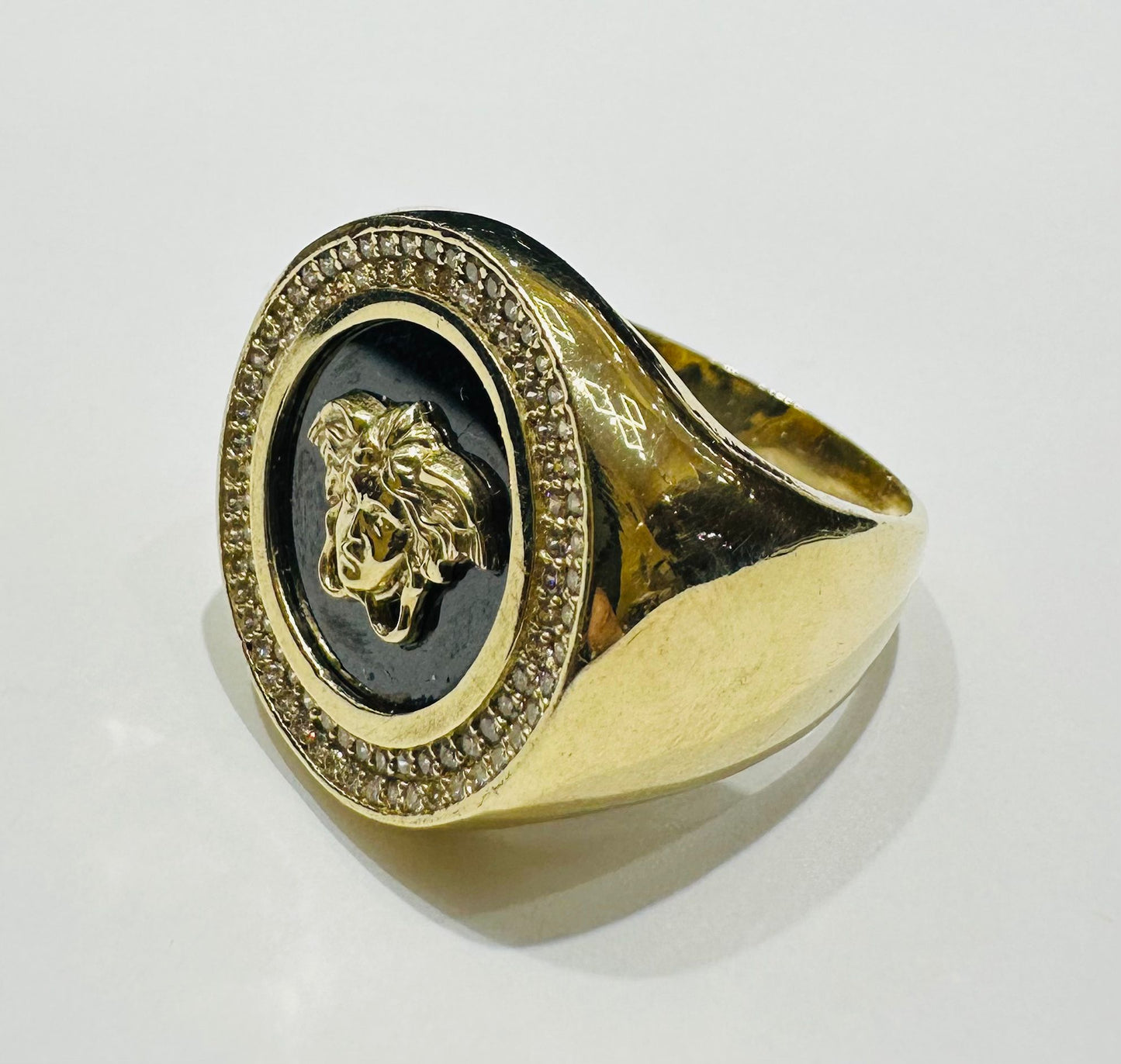 10K GOLD MEDUSA HEAD RING WITH WHITE SAPPHIRE- WEIGHT: 9.5gm