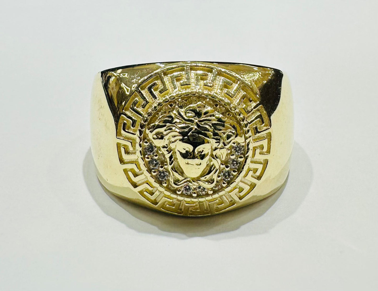 10K GOLD MEDUSA HEAD RING WITH WHITE SAPPHIRE- WEIGHT: 7.6gm