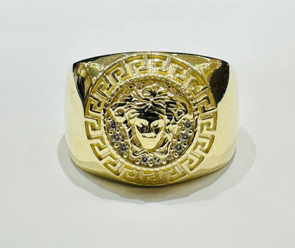 10K GOLD MEDUSA HEAD RING WITH WHITE SAPPHIRE- WEIGHT: 7.6gm