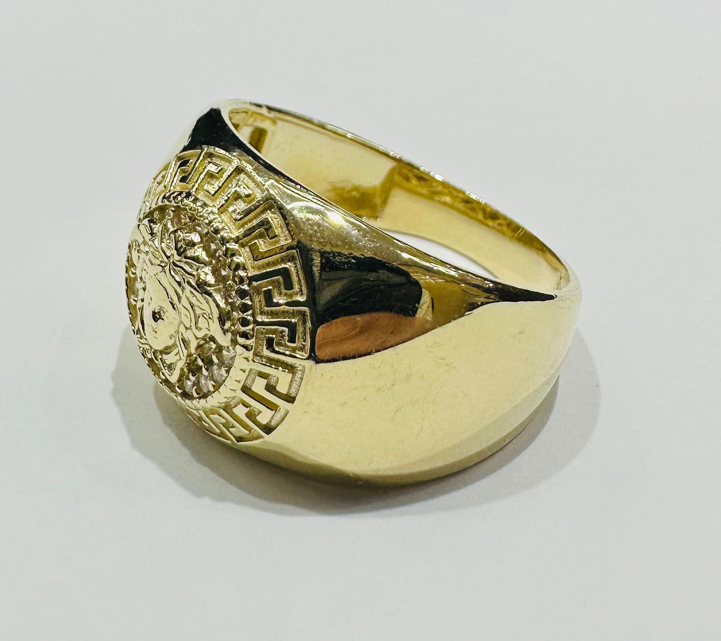 10K GOLD MEDUSA HEAD RING WITH WHITE SAPPHIRE- WEIGHT: 7.6gm