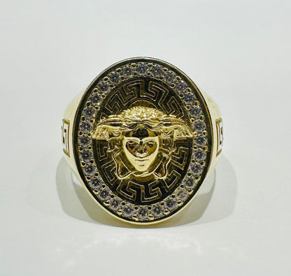 10K GOLD MEDUSA HEAD RING WITH WHITE SAPPHIRE- WEIGHT: 7.6gm
