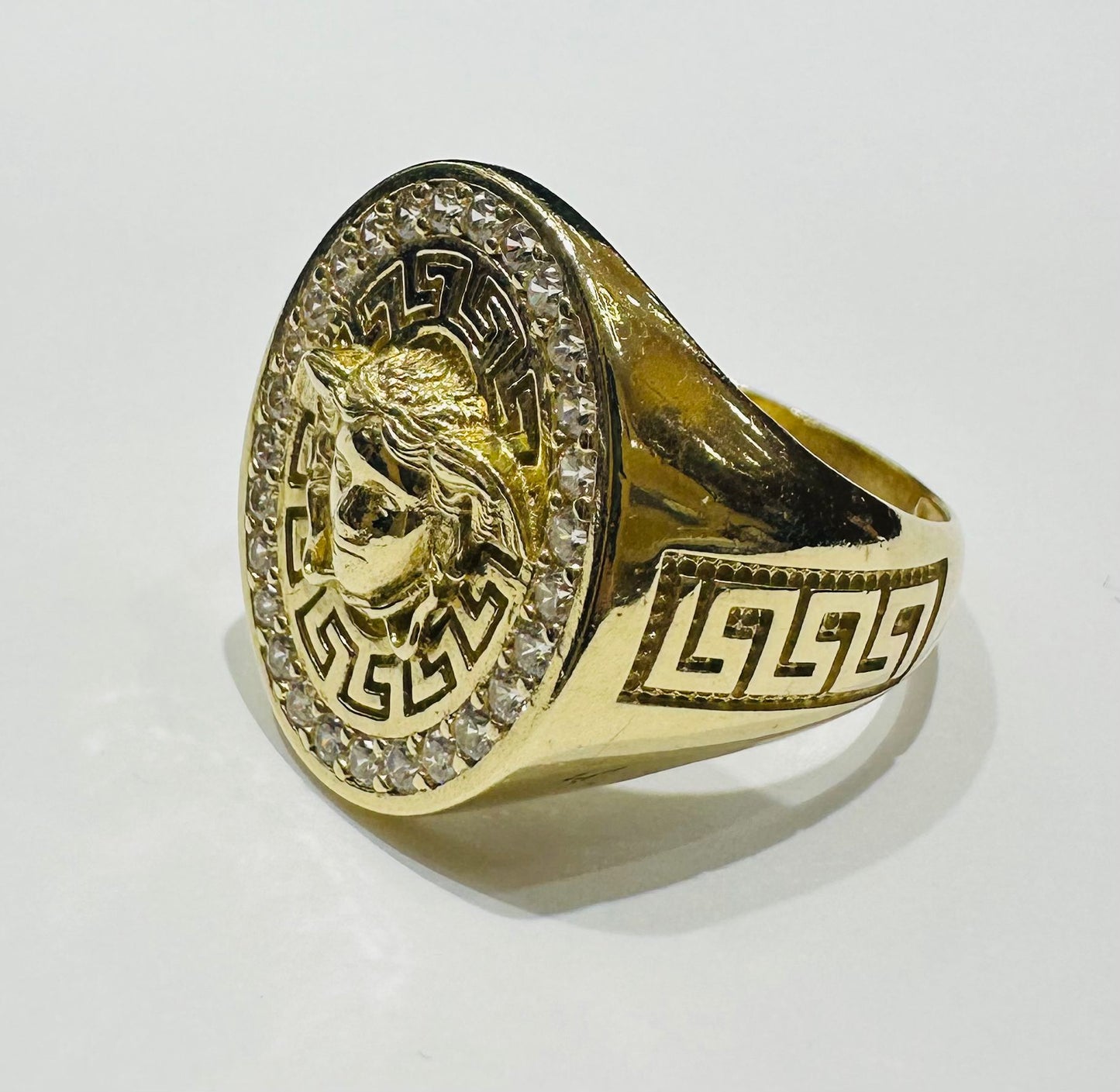10K GOLD MEDUSA HEAD RING WITH WHITE SAPPHIRE- WEIGHT: 7.6gm