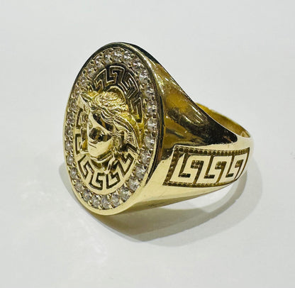 10K GOLD MEDUSA HEAD RING WITH WHITE SAPPHIRE- WEIGHT: 7.6gm