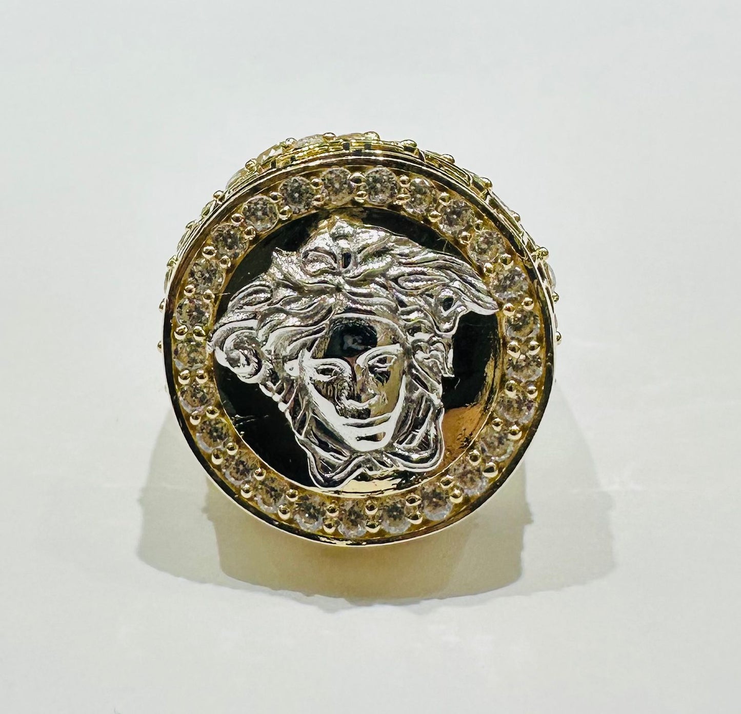 10K GOLD MEDUSA HEAD TWO TONED RING WITH WHITE SAPPHIRE- WEIGHT: 5.7gm