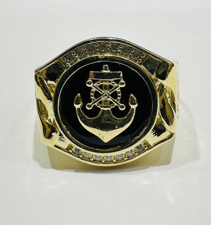 10K GOLD ANCHOR RING WITH WHITE SAPPHIRE- WEIGHT: 7.9gm
