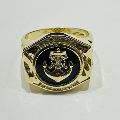 10K GOLD ANCHOR RING WITH WHITE SAPPHIRE- WEIGHT: 7.9gm