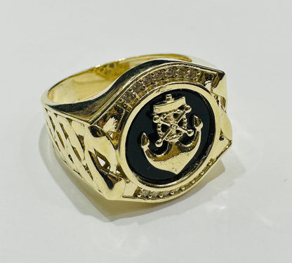10K GOLD ANCHOR RING WITH WHITE SAPPHIRE- WEIGHT: 7.9gm