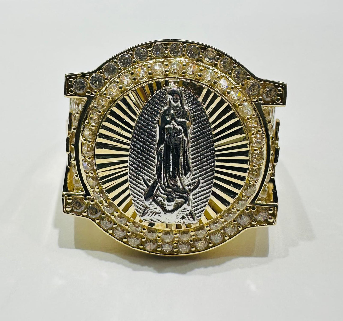 10K GOLD VIRGIN MARY RING WITH WHITE SAPPHIRE- WEIGHT: 7.4gm