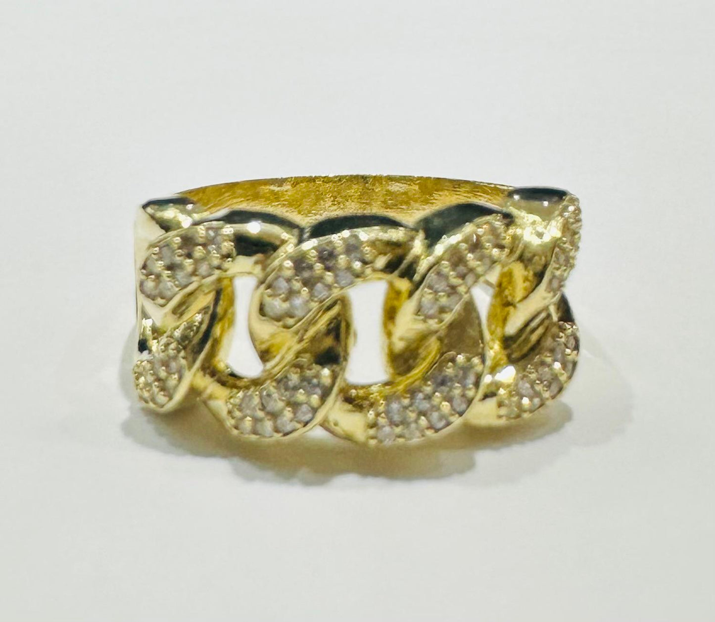 10K GOLD CUBAN LINK RING WITH WHITE SAPPHIRE- WEIGHT: 6.8gm