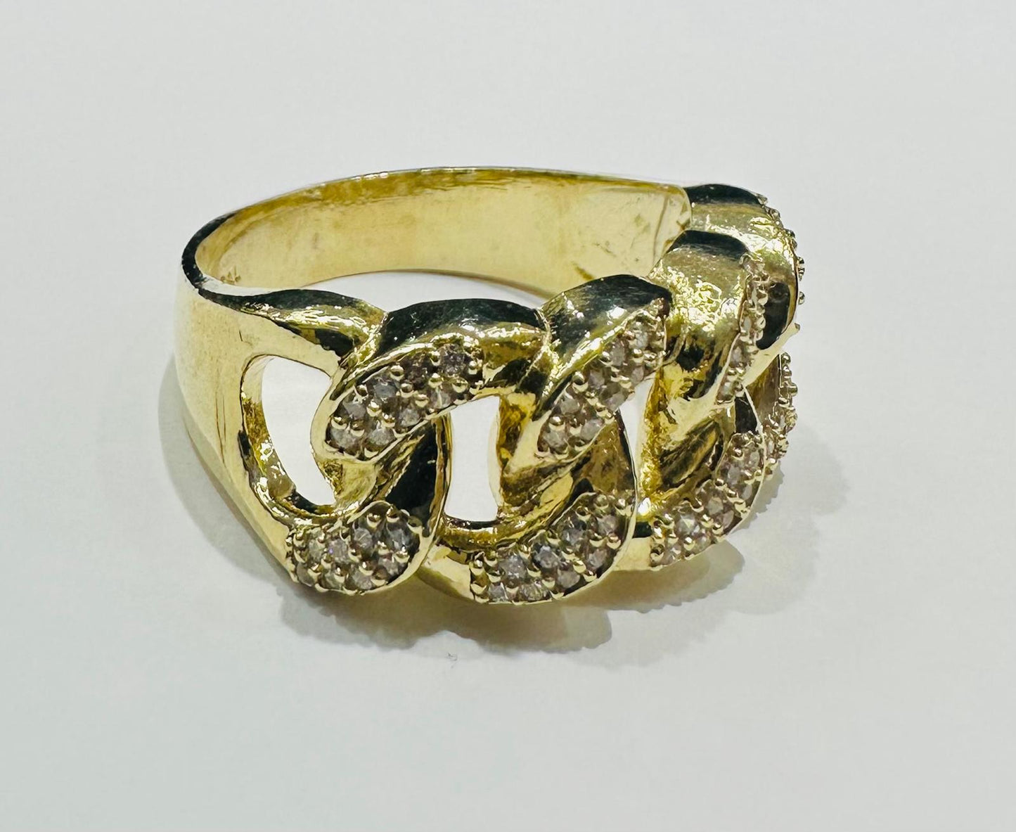 10K GOLD CUBAN LINK RING WITH WHITE SAPPHIRE- WEIGHT: 6.8gm