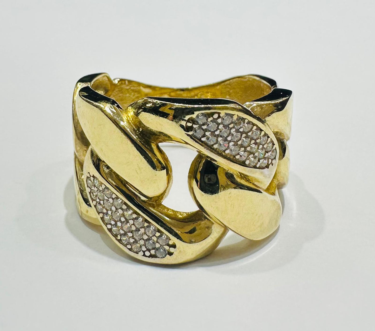 10K GOLD CUBAN LINK CHAIN RING WITH WHITE SAPPHIRE- WEIGHT: 4.8gm