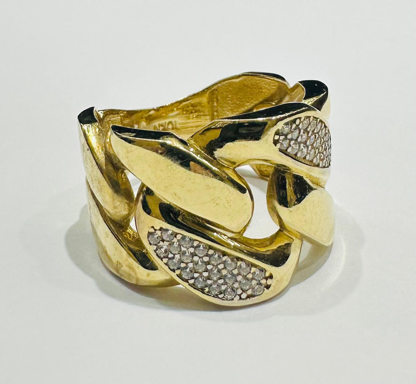 10K GOLD CUBAN LINK CHAIN RING WITH WHITE SAPPHIRE- WEIGHT: 4.8gm