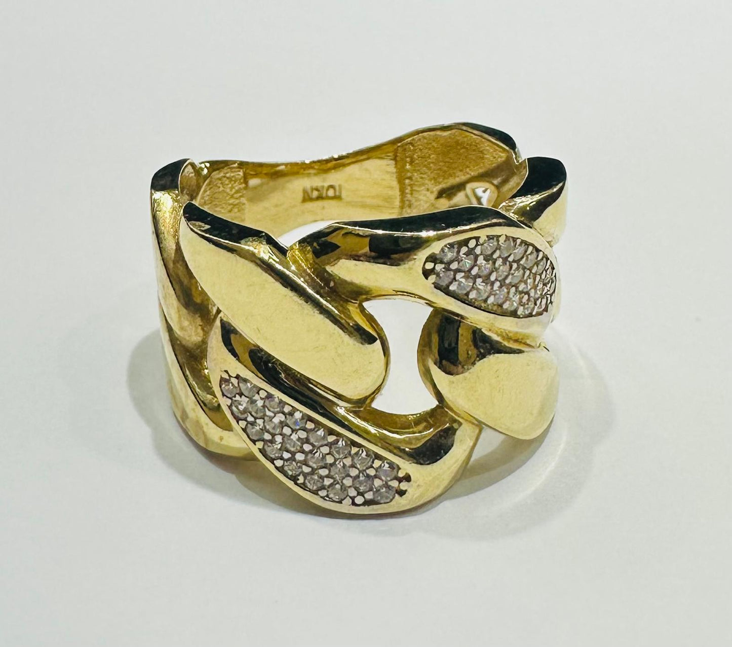 10K GOLD CUBAN LINK CHAIN RING WITH WHITE SAPPHIRE- WEIGHT: 4.8gm