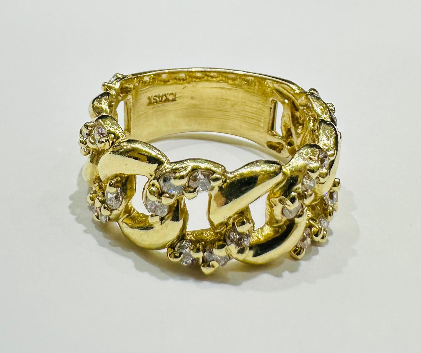10K GOLD CUBAN LINK RING WITH WHITE SAPPHIRE- WEIGHT: 7.1gm