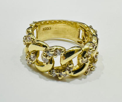 10K GOLD CUBAN LINK RING WITH WHITE SAPPHIRE- WEIGHT: 7.1gm