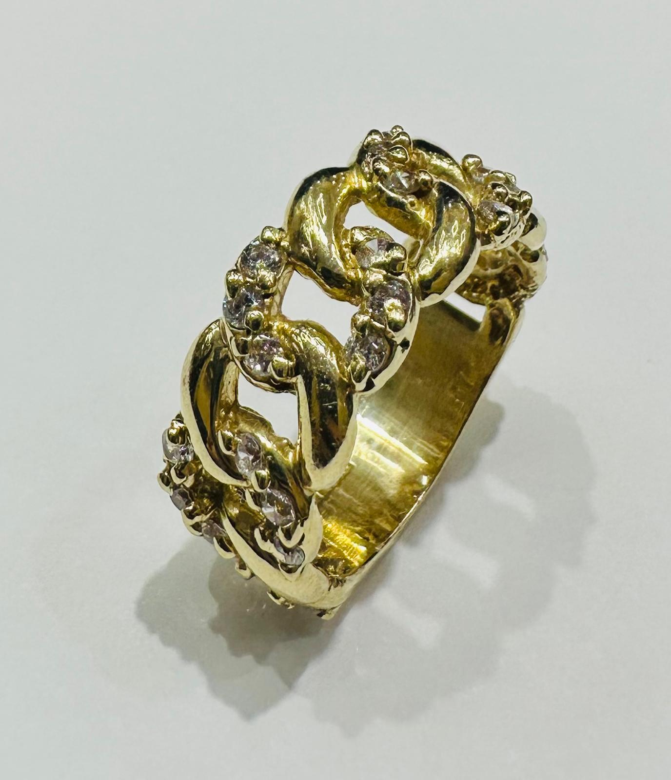 10K GOLD CUBAN LINK RING WITH WHITE SAPPHIRE- WEIGHT: 7.1gm