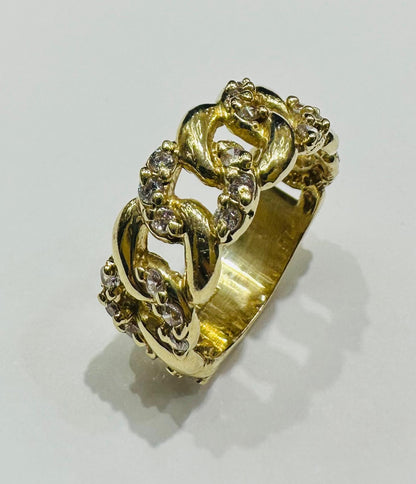 10K GOLD CUBAN LINK RING WITH WHITE SAPPHIRE- WEIGHT: 7.1gm