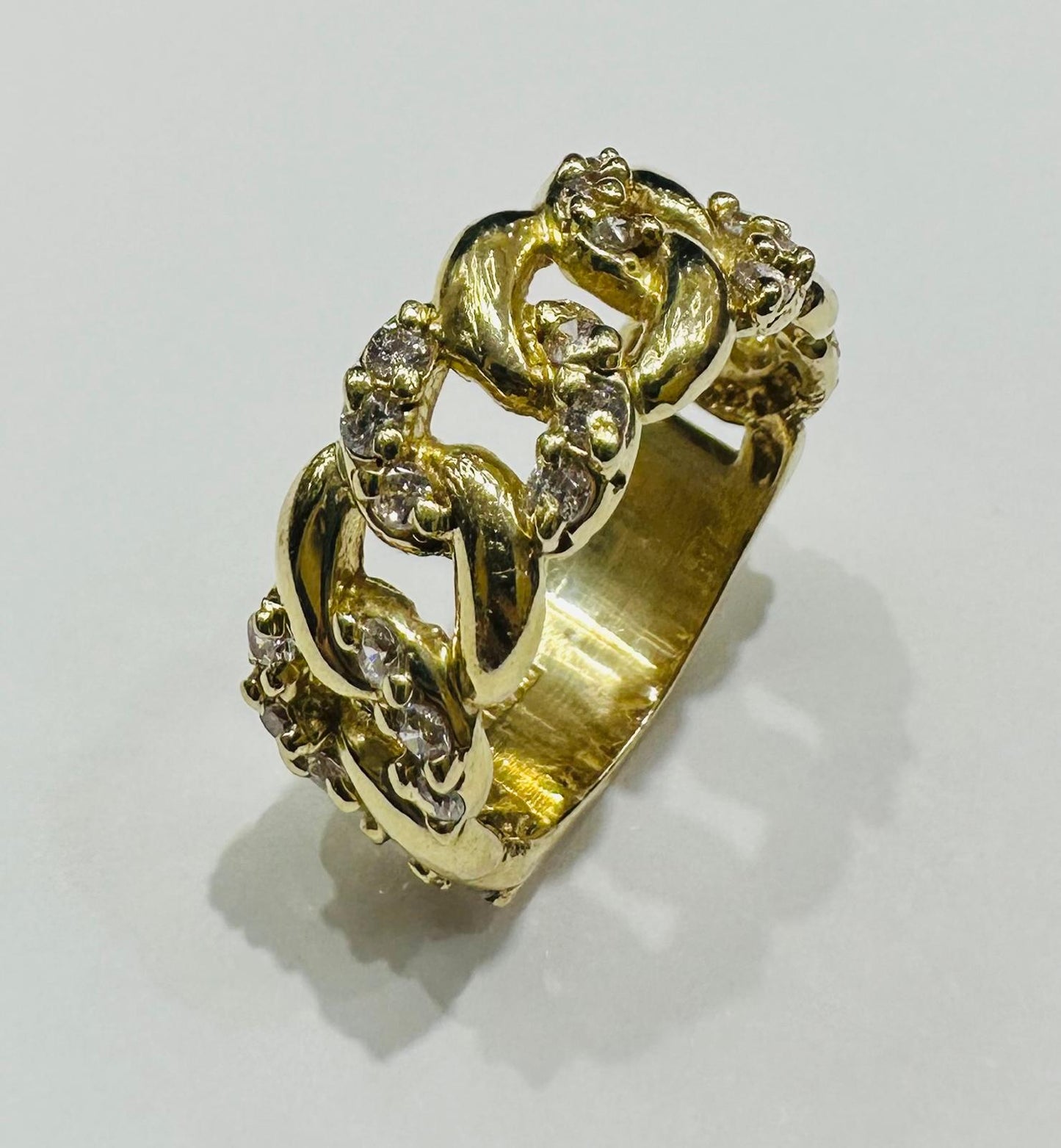 10K GOLD CUBAN LINK RING WITH WHITE SAPPHIRE- WEIGHT: 7.1gm