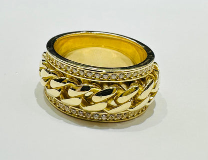 10K GOLD SPINNING CUBAN LINK RING WITH WHITE SAPPHIRE- WEIGHT: 12.3gm
