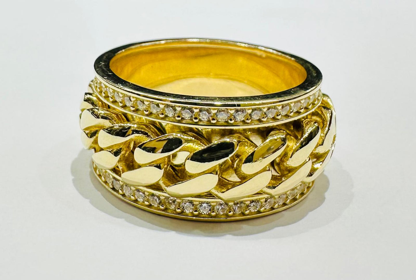 10K GOLD SPINNING CUBAN LINK RING WITH WHITE SAPPHIRE- WEIGHT: 12.3gm