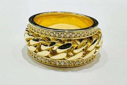 10K GOLD SPINNING CUBAN LINK RING WITH WHITE SAPPHIRE- WEIGHT: 12.3gm