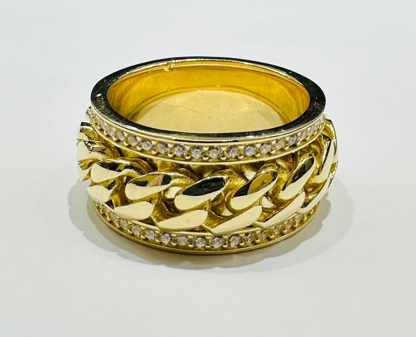10K GOLD SPINNING CUBAN LINK RING WITH WHITE SAPPHIRE- WEIGHT: 12.3gm