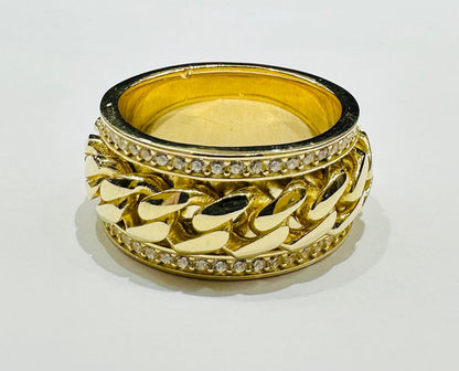 10K GOLD SPINNING CUBAN LINK RING WITH WHITE SAPPHIRE- WEIGHT: 12.3gm