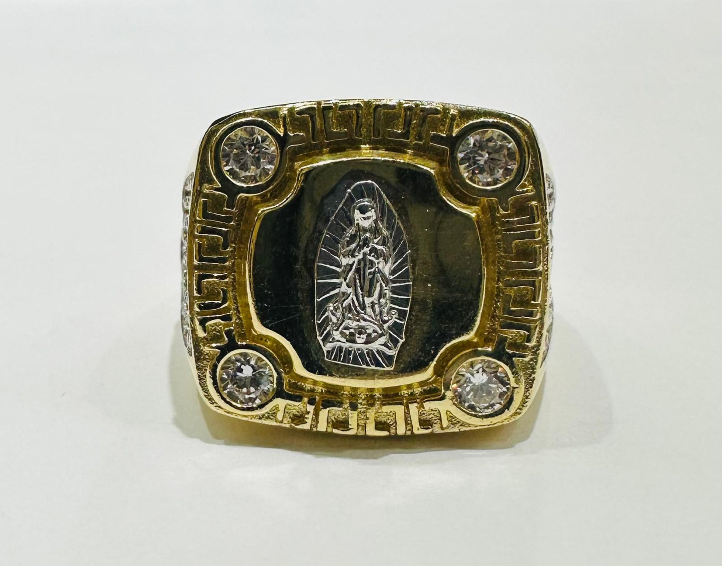 14K GOLD TWO TONED VIRGIN MARY RING WITH WHITE SAPPHIRE- WEIGHT: 10.3gm