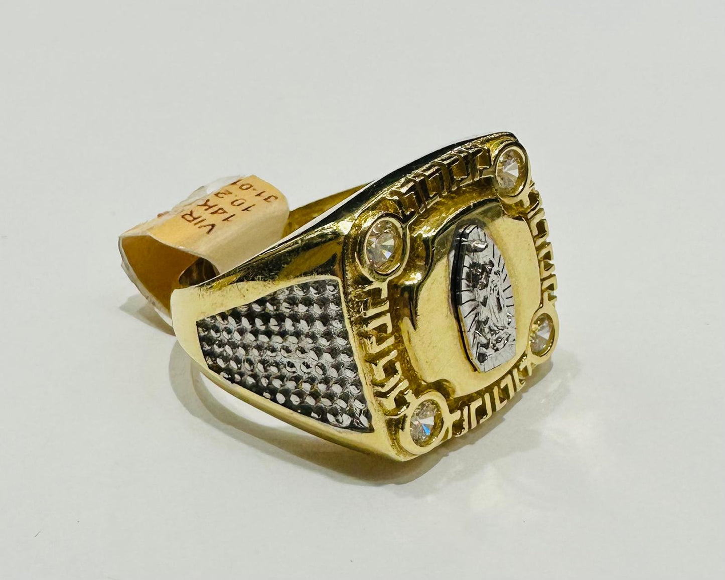 14K GOLD TWO TONED VIRGIN MARY RING WITH WHITE SAPPHIRE- WEIGHT: 10.3gm
