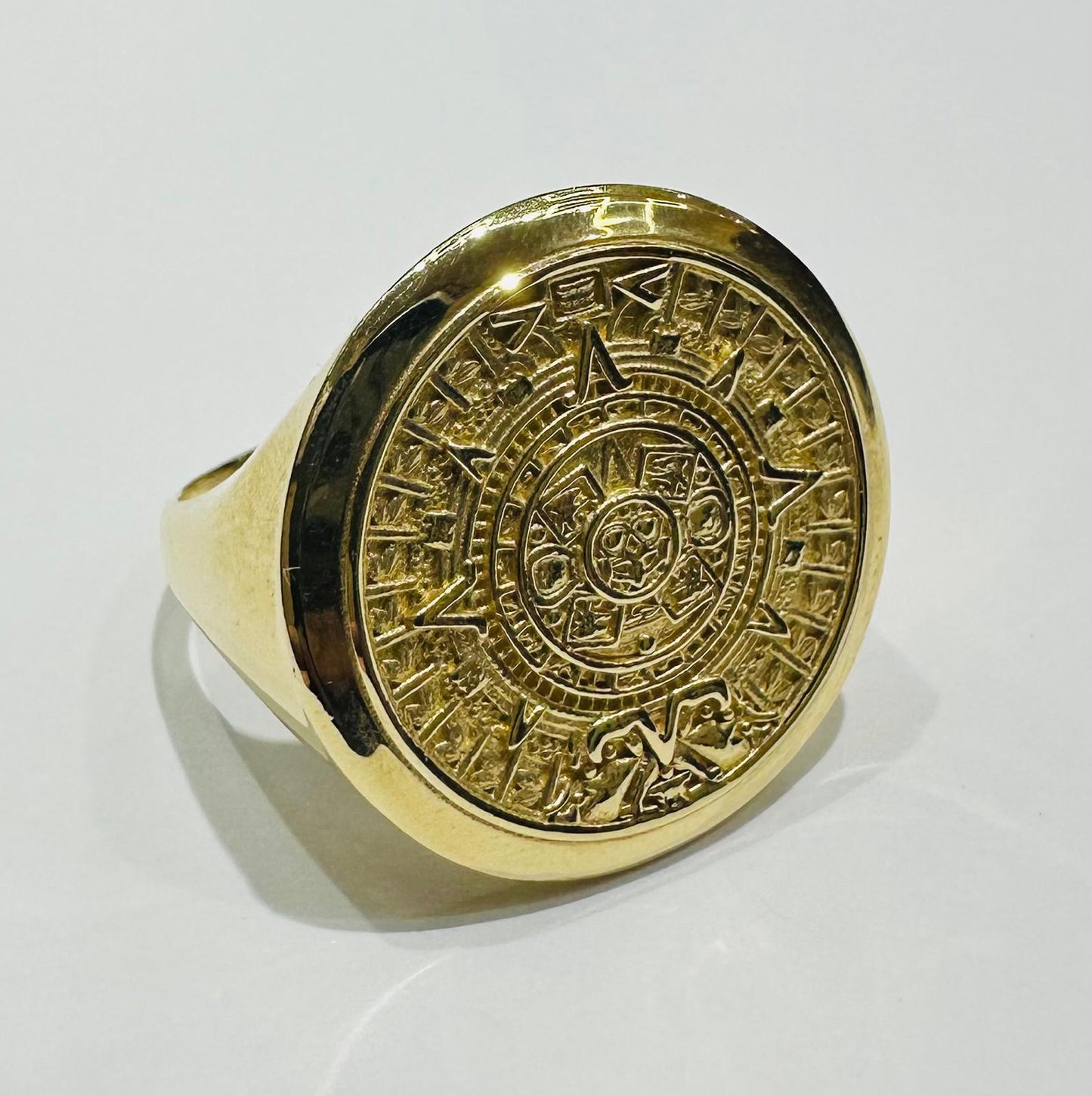 14K GOLD AZTEC CALENDER RING- WEIGHT: 5.6gm