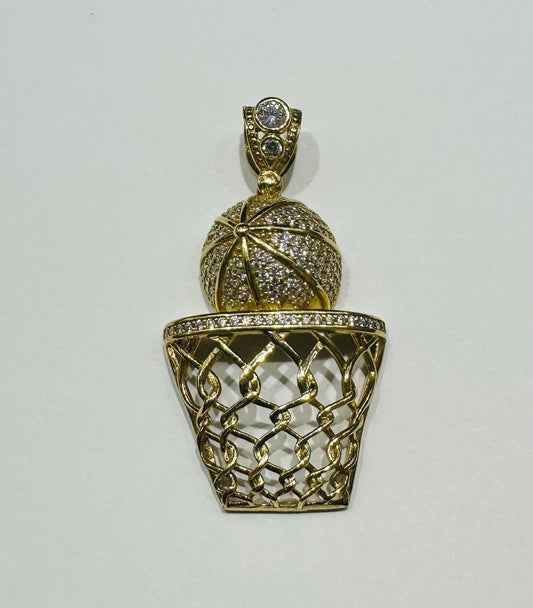 10K GOLD BASKETBALL AND HOOP PENDANT WITH WHITE SAPPHIRE-  WEIGHT: 10.0gm