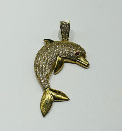 10K GOLD DOLPHIN PENDANT WITH WHITE SAPPHIRE- WEIGHT: 5.3gm