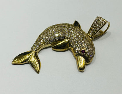 10K GOLD DOLPHIN PENDANT WITH WHITE SAPPHIRE- WEIGHT: 5.3gm
