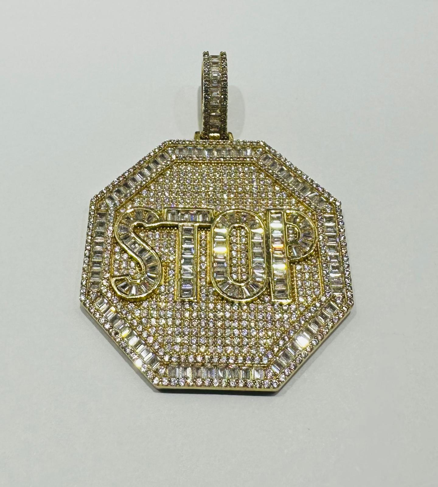 10K GOLD "STOP" BAGUETTE PENDANT WITH WHITE SAPPHIRE- WEIGHT: 16.9gm