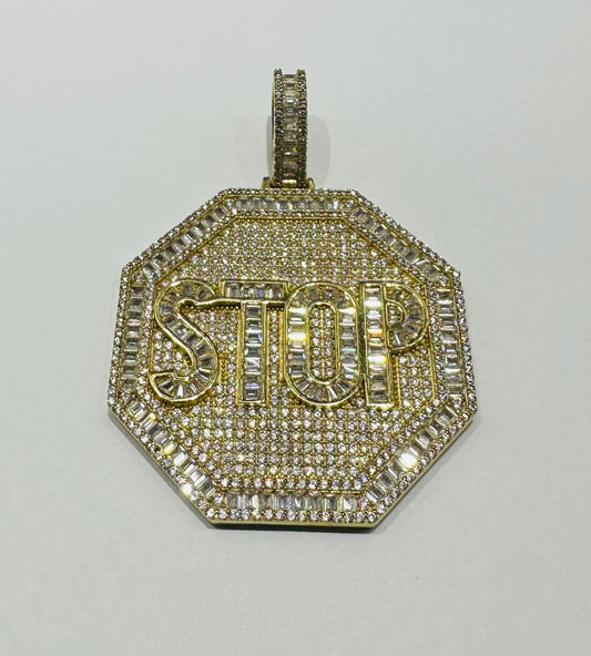 10K GOLD "STOP" BAGUETTE PENDANT WITH WHITE SAPPHIRE- WEIGHT: 16.9gm