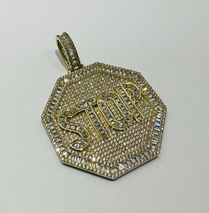 10K GOLD "STOP" BAGUETTE PENDANT WITH WHITE SAPPHIRE- WEIGHT: 16.9gm