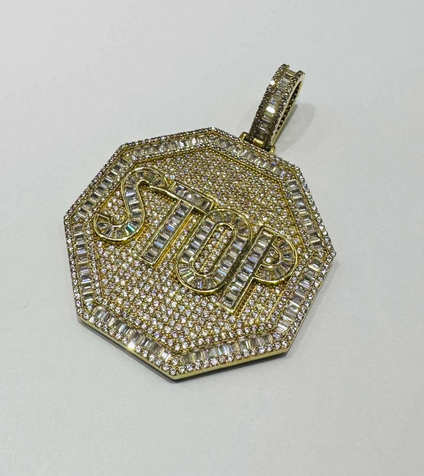 10K GOLD "STOP" BAGUETTE PENDANT WITH WHITE SAPPHIRE- WEIGHT: 16.9gm
