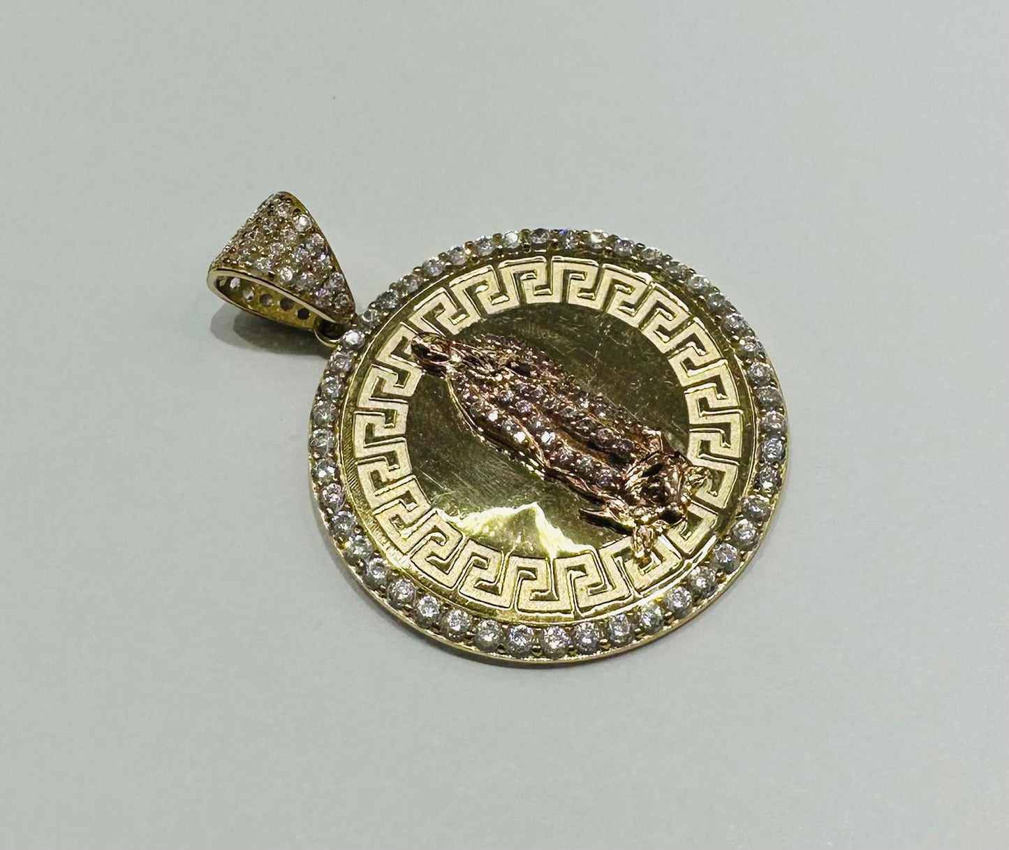 10K GOLD TWO TONED VIRGIN MARY PENDANT WITH WHITE SAPPHIRE- WEIGHT: 4.9gm