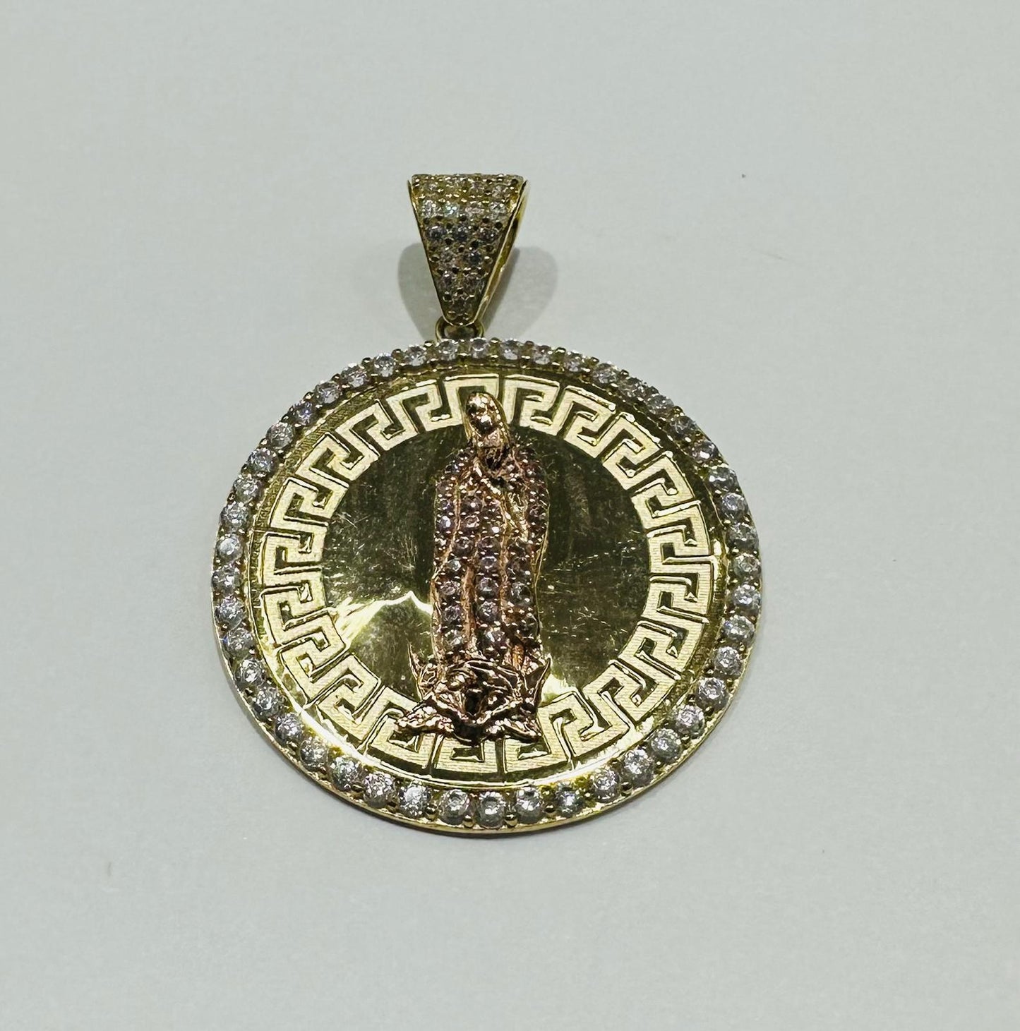10K GOLD TWO TONED VIRGIN MARY PENDANT WITH WHITE SAPPHIRE- WEIGHT: 4.9gm