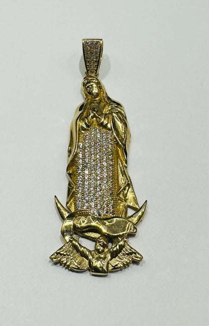 10K GOLD VIRGIN MARY PENDANT WITH SAPPHIRE STONES- WEIGHT: 9.5gm