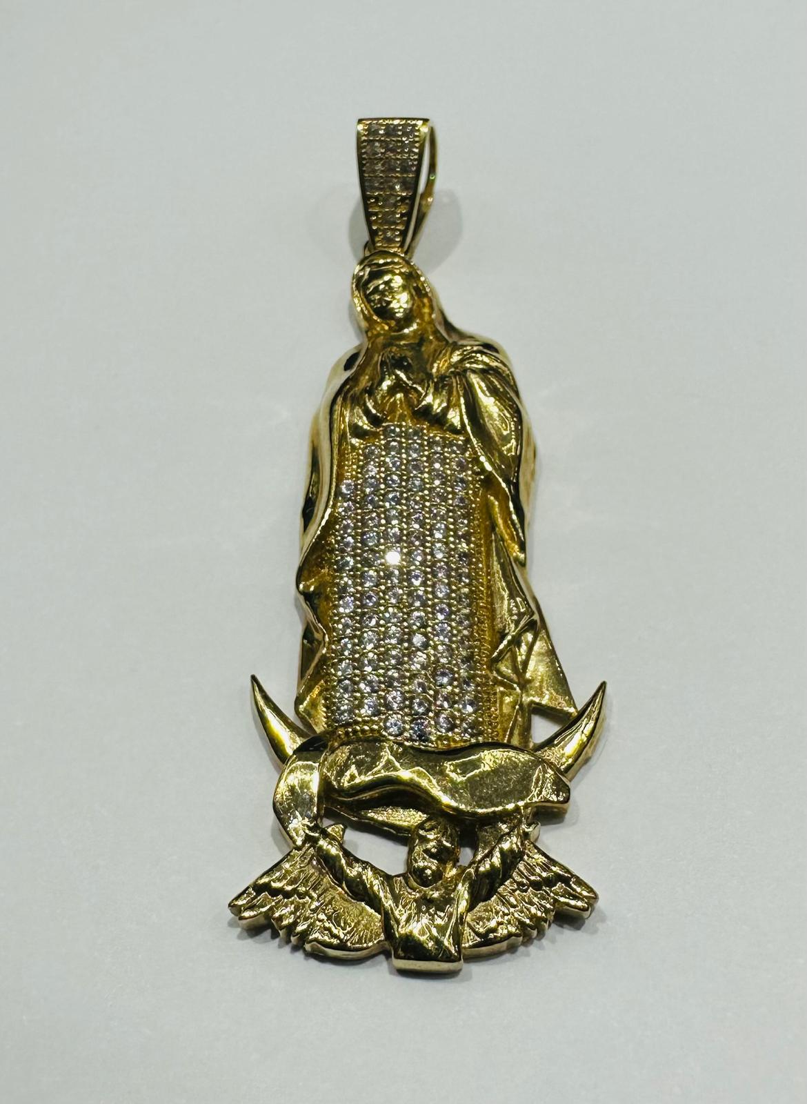 10K GOLD VIRGIN MARY PENDANT WITH SAPPHIRE STONES- WEIGHT: 9.5gm