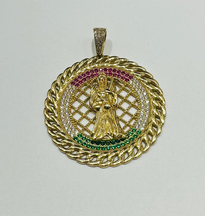 10K GOLD SANTA MUERTE PENDANT WITH SAPPHIRE STONES- WEIGHT: 10.5gm