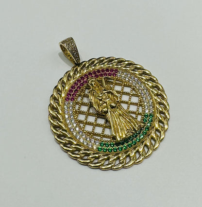 10K GOLD SANTA MUERTE PENDANT WITH SAPPHIRE STONES- WEIGHT: 10.5gm