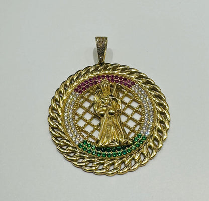 10K GOLD SANTA MUERTE PENDANT WITH SAPPHIRE STONES- WEIGHT: 10.5gm