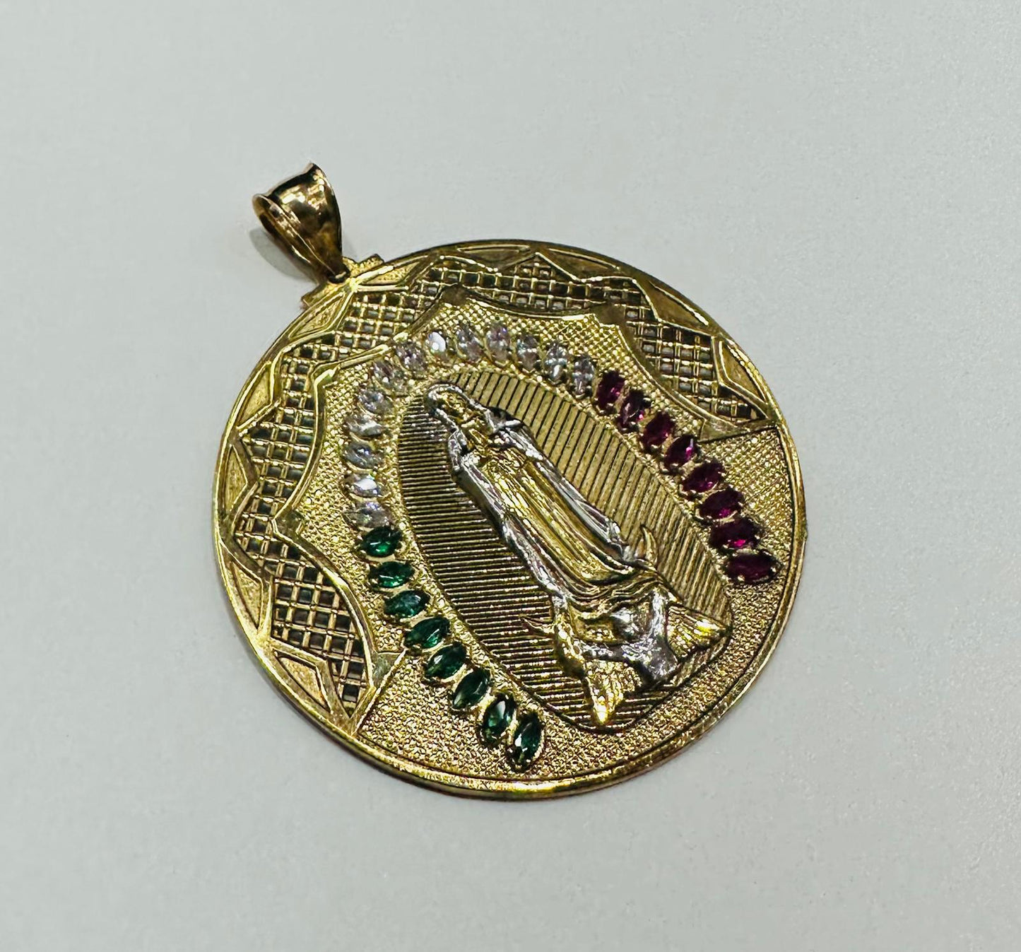 10K GOLD VIRGIN MARY  PENDANT WITH SAPPHIRE STONES- WEIGHT: 14.1gm
