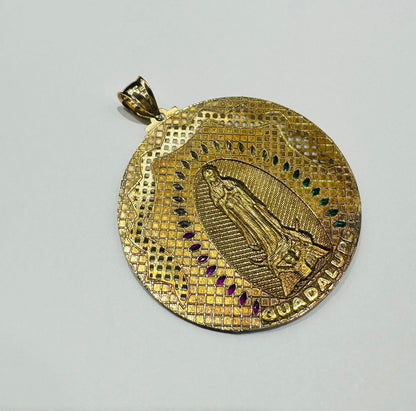 10K GOLD VIRGIN MARY  PENDANT WITH SAPPHIRE STONES- WEIGHT: 14.1gm